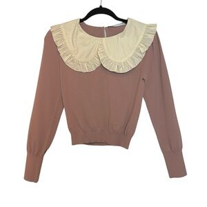 Zara Dusty Mauve Ruffle Collar Knit Top Romantic Peter Pan Size M NWOT
